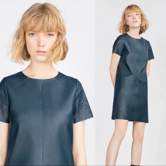 Zara blue faux leather laser cut shift work dress M